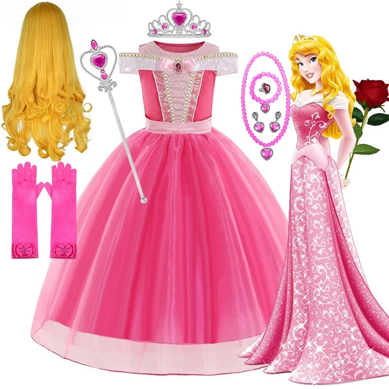 Aurora Kids Cosplay Costume Princess Deluxe Outfits Children Birthday Party Elegant Ball Gown Fairy Disguise Apparel 12Y