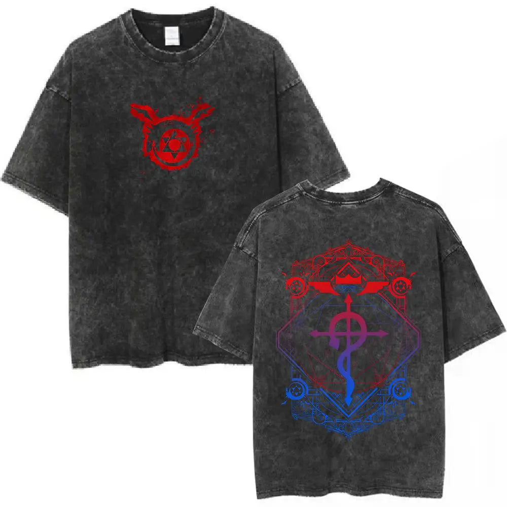 Anime Fullmetal Alchemist Washed T Shirts Edward Elric Alphonse Elric T-Shirt Men's Women Fashion Casual Oversized T-shirts Tops