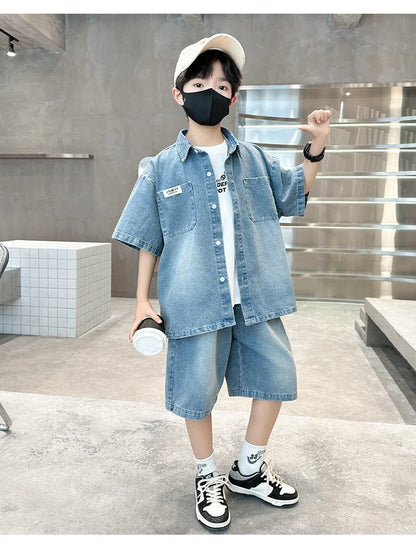 High Fashion Kids Summer Suit for Boy with Denim Shorts Two Pieces Tracksuit Children Casual Top and Bottom Clothing Set 5-14 Y