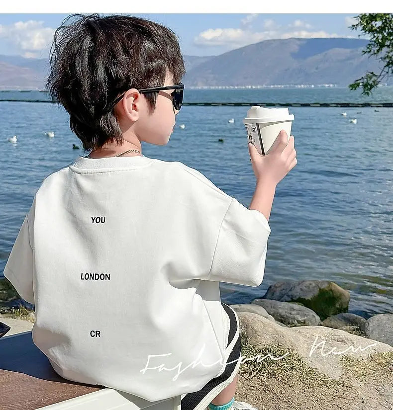 Summer Boys Cotton Leisure White T-Shirt Tops+Contrast Stripes Shorts Pant Set School Kids 2PCS Tracksuit Children Outfit 3-14Yr