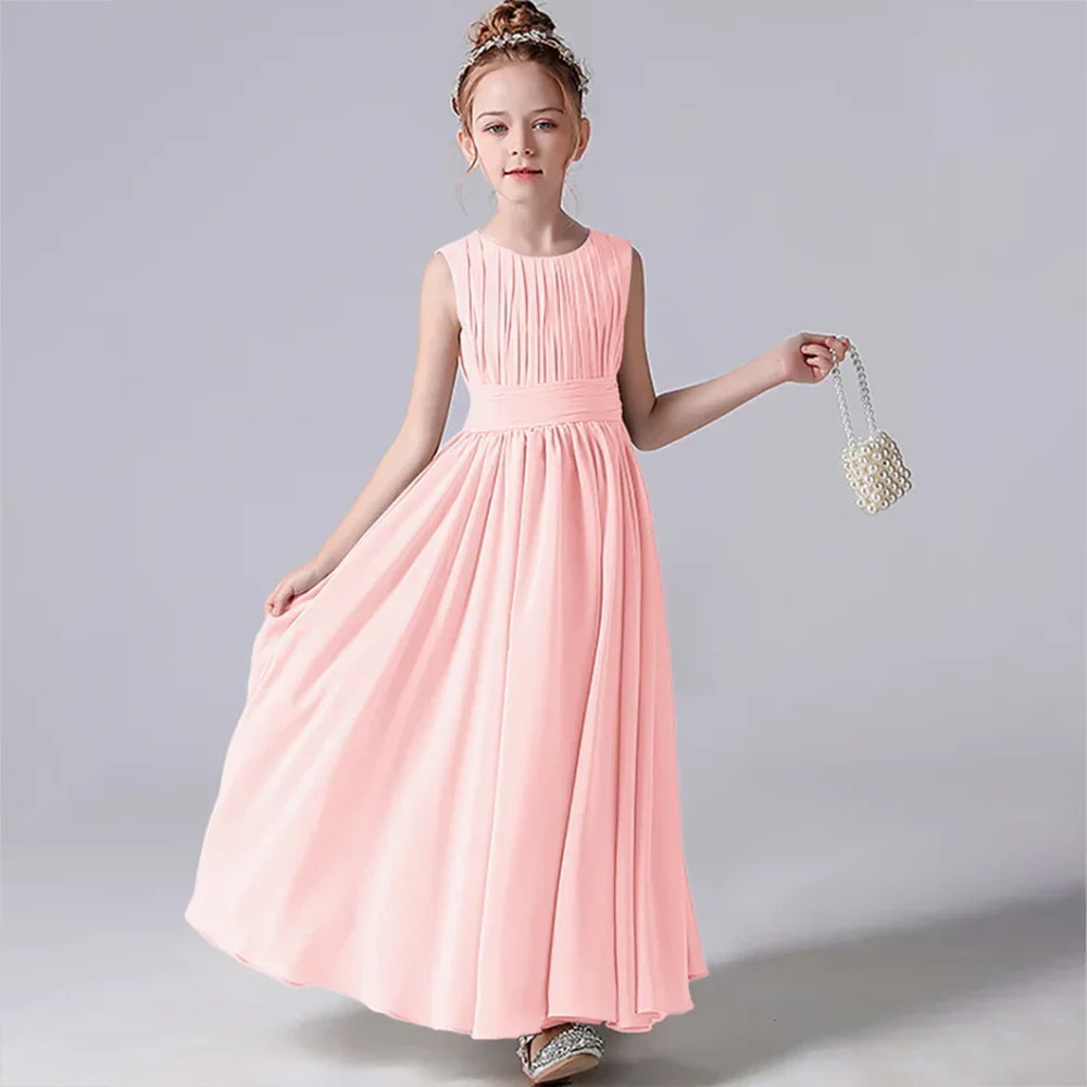 Customized Chiffon Pleated Flower Girl Dresses Sashe Kid Wedding Birthday Party Pageant Gowns Junior Bridesmaid Dress