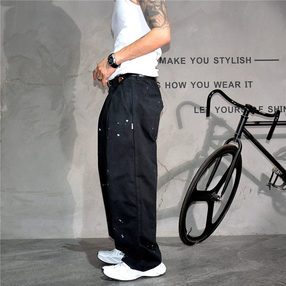 ‌Japanese Premium Vintage Distressed Paint Splash Cargo Pants Men Streetwear Loose Casual Straight Leg Haram Trousers Trendy
