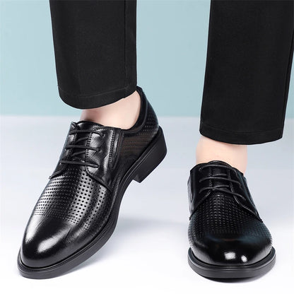 Men's Summer Breathable Leather Shoes British Style Comfortable Soft Business Formal Derby Shoes Hollow out Design-SJ6607-1