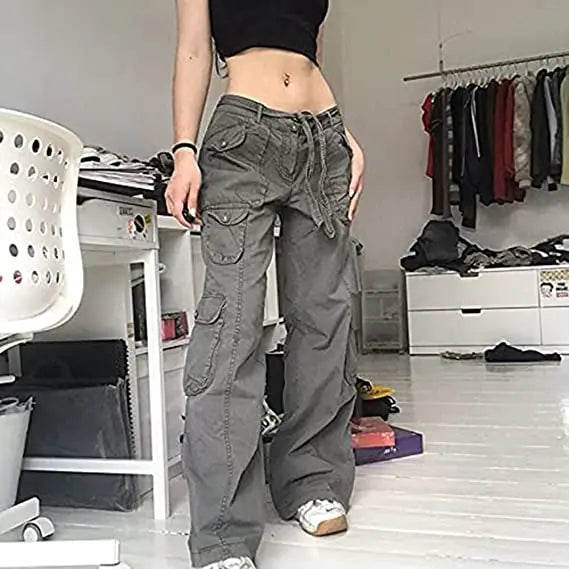 Women's Pants Gothic Punk Baggy Vintage Kawaii Trousers Bandage Low Waist Cargo Pants Grunge Green Zipper Jeans Korea Sweatpants