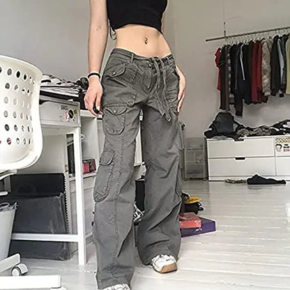 Women's Pants Gothic Punk Baggy Vintage Kawaii Trousers Bandage Low Waist Cargo Pants Grunge Green Zipper Jeans Korea Sweatpants
