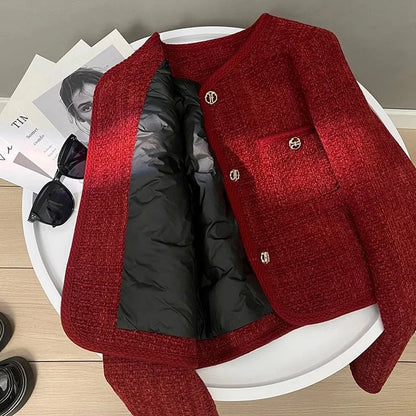 Spring Autumn New Single Breasted Pockets Round Neck Short Women Suit Jackets Long Sleeve Black WineRed Ladie Blazer Tops Trend