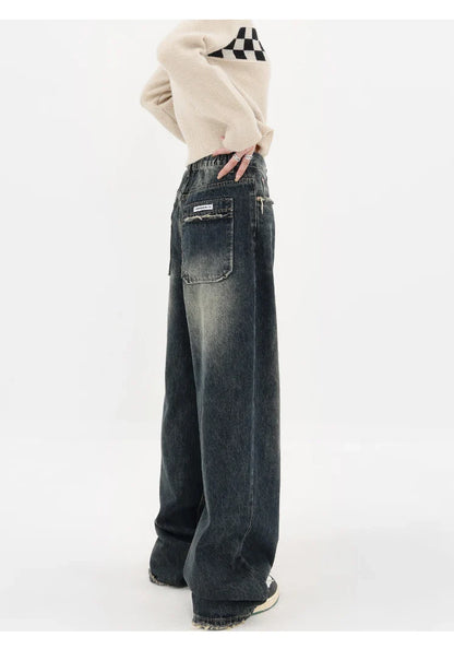 Harajuku Streetwear Retro Fashion Autumn Women High Waist Jeans Loose Wide Leg Straight Loose Denim Trousers Y2K Baggy Pants