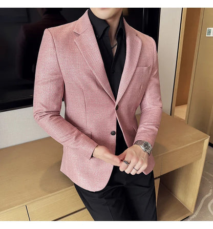 Bright Silk Thousand Bird Grid Suit Jacket Korean-style Business Fashion Slim Fit Single Breasted Men Social Party Dress Coats