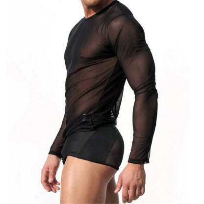 Sexy Unique Transparent T-shirt Men See Through Autumn Long Sleeve Tops Tees Undershirt Spring Slim Casual T Shirts Tshirts