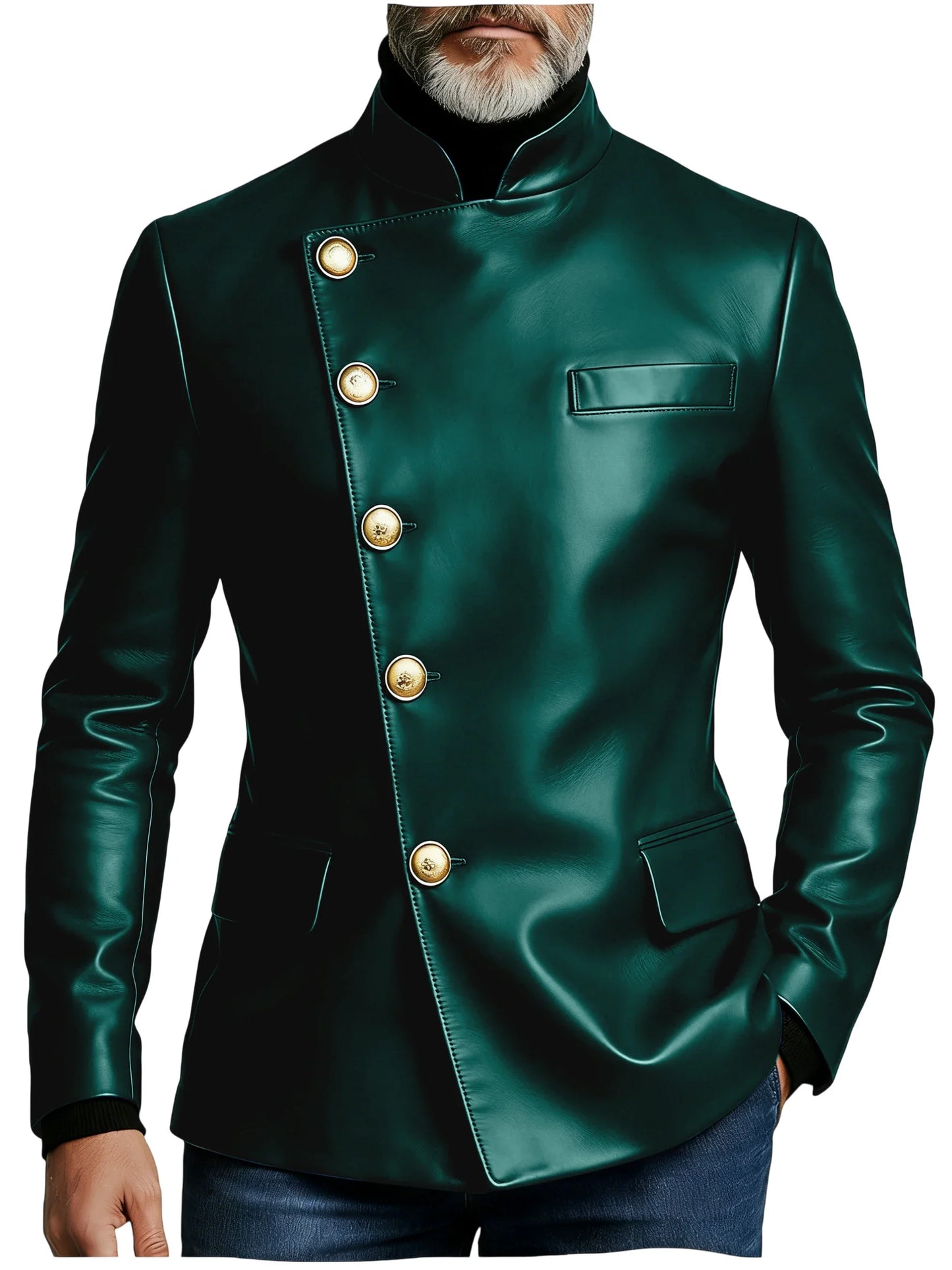 Vintage Men's PU Leather Blazer Slim Fit Double Breasted Stand Collar Jacket Gold Button Business Casual Wedding Prom Suit Coat