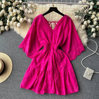 White/Purple/Blue V Neck Summer New Lace Embroidery Dress Women Short Sleeves Dresses Female Vintage Party Beach Midi Dresses