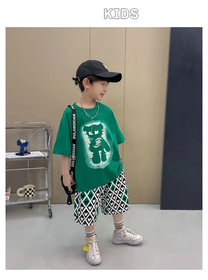 Summer Boys Cotton Short-Sleeved T-shirt Tops+Drawstring Shorts Pant School Kids 2PCS Tracksuit Child Outfit Workout Set 3-14 Yr