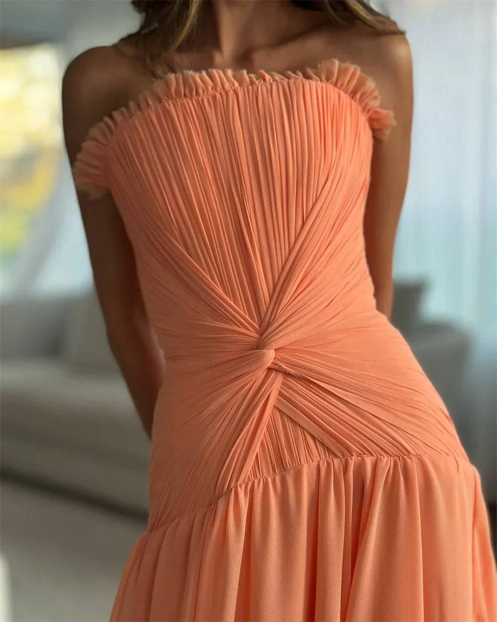 Customized Orange A-Line Strapless robes de soirée Sleeveless Chiffon Chic Party Dresses Floor-Length Zip Prom Dress 2026