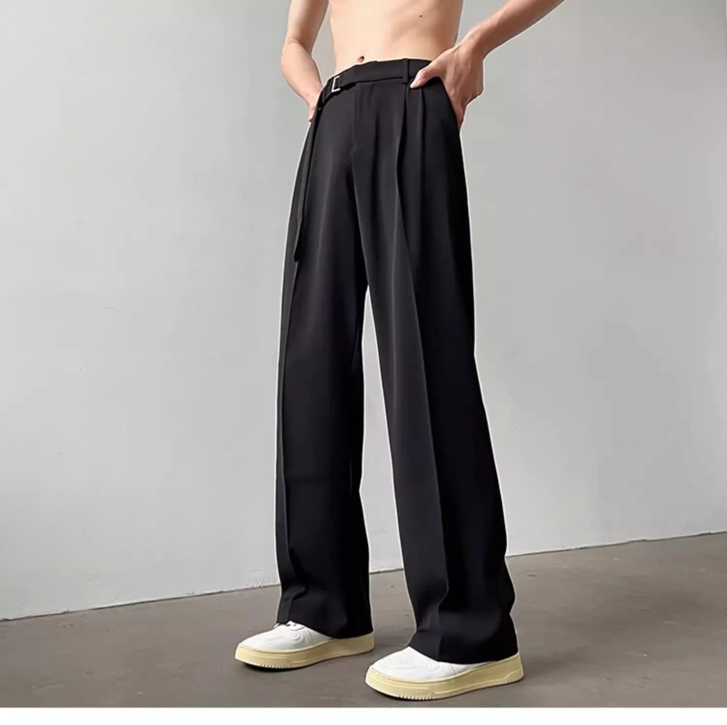 Retro High-end Belt Design Straight-down Trousers Men's Trendy Brand Loose Wide-leg Casual Pants Original Luxury Brands Jeans