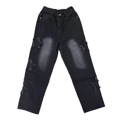 Stars Patchwork Men Jeans New Fashion Y2K Tassel Pants Korea Clothes Straight Hip Hop Splicing Trousers Male Streetwear