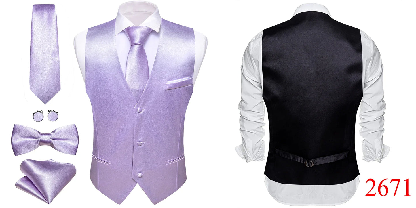 Elegant Silk Vest for Men Wedding Solid Gold Green Pink Purple Red Waistcoat Tie Bowtie Set Sleeveless Jacket Suit Barry Wang