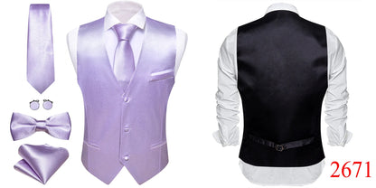 Elegant Silk Vest for Men Wedding Solid Gold Green Pink Purple Red Waistcoat Tie Bowtie Set Sleeveless Jacket Suit Barry Wang