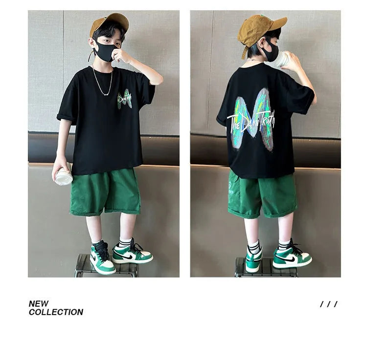 Summer Boys Cotton Leisure Loose Contrast Alphabet T-Shirt Top+Shorts Pant Set School Kids 2PCS Tracksuit Children Outfit 5-16Yr