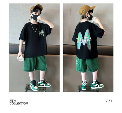 Summer Boys Cotton Leisure Loose Contrast Alphabet T-Shirt Top+Shorts Pant Set School Kids 2PCS Tracksuit Children Outfit 5-16Yr