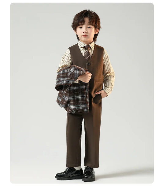 Boys British Double Breasted Blazer Jacket Pants Children Suit Waistcoat Wedding Clothes Sets Toddler Formal Dress Kids Tuxedos