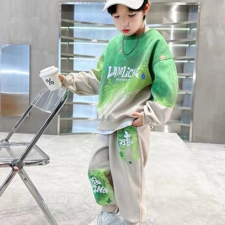 Print Sweatshirt Set Children's Clothing From 8 To 12 Years Korean 2025 Sets Kids Boy Clothes Winter Top Bottom Boys Autumn Suit
