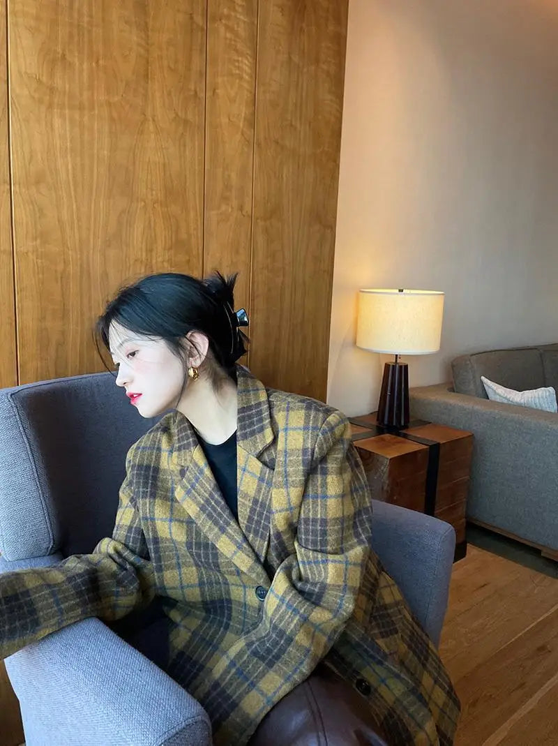 Women's Mid-Length Plaid Wool Coat 2025 Autumn Winter Arrival, Korean Style Warm Blazer, Trendy Yellow Brown Checkered Jacket