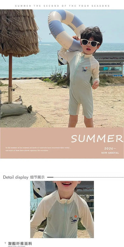 Summer Kids Swimwear Boys Beach Wear Plaid One-piece & Split Long Sleeve Boys Swimwear with Cap Sunscreen Baby Clothes