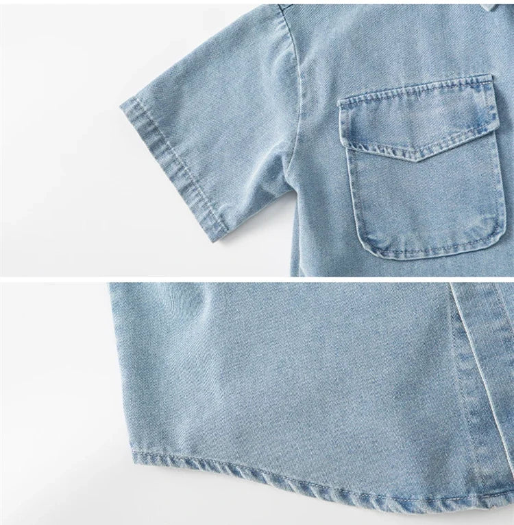 New Casual Kids Child Summer Denim Suit for Teenage Boy High Fashion Short Sleeve Shirt + Shorts 2 Pieces Clothing Set Age 5-14Y