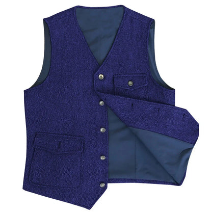 Men Vest Dark Green Herringbone Single Button V Neck Pocket Waistcoat For Wedding Party Business Work Daily Casual Men Suit Vest