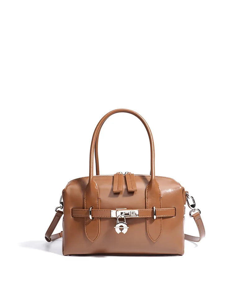 2025 Fall Winter New Top Grain Leather Spacious Boston Bag Lock Design Single Shoulder Crossbody Pack Women Commuting Handbag