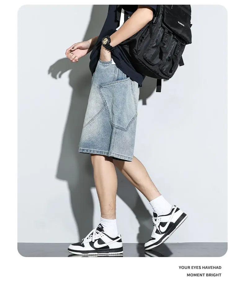 Summer New Baggy Denim Shorts Fashion Casual Straight Harajuku Jeans Male Vintage Wash Drawstring Short Pants Streetwear