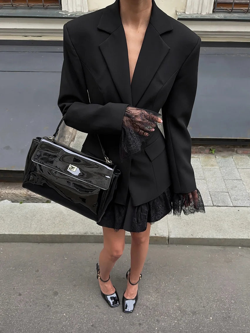 Elegant Lace Blazer Coat Women Fashion Office Lady Full Sleeve Single Breasted Jackets 2025 New Autumn Black Casual Slim Coats