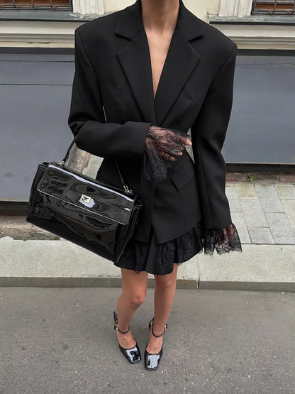 Elegant Lace Blazer Coat Women Fashion Office Lady Full Sleeve Single Breasted Jackets 2025 New Autumn Black Casual Slim Coats
