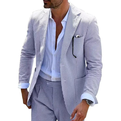 Summer Stripe Men Suits 2 Pieces Seersucker Notched Lapel Wedding Party Suit Jacket Pants Casual Blazer Slim Fit Suits for Men
