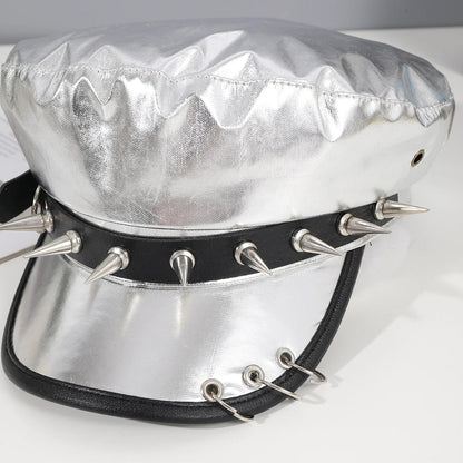 Sweet cool Spice Girl style riveted spider hoop PU leather newsboy hat Y2K fashion trend shopping face small beret