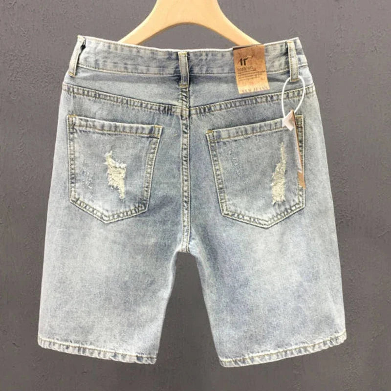 2026 Mens Summer Distressed Denim Shorts Baggy Casual Ripped Jeans Straight Leg Five Inch Shorts Streetwear Loose Fit
