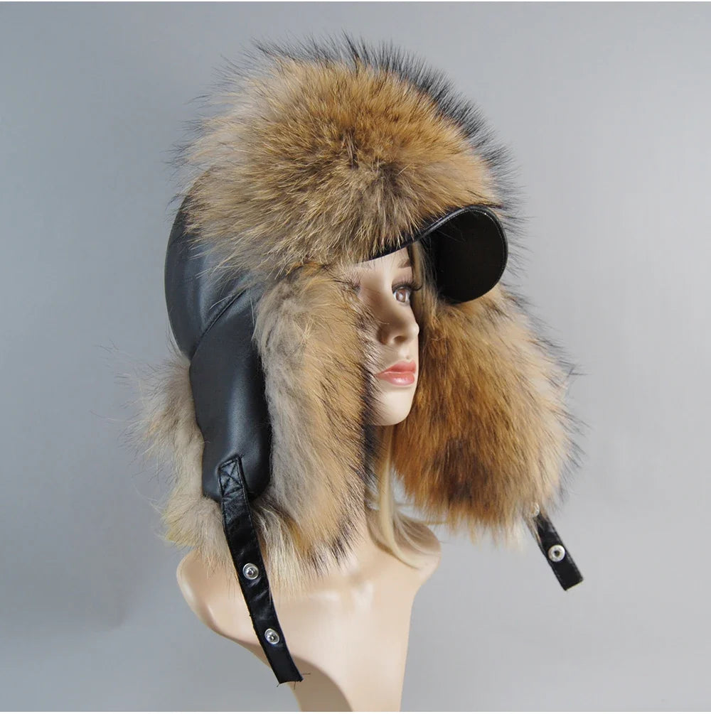 100% Real Fox Fur Hat Women's Russian Ushanka Aviator Trapper Snow Skiing Hat Caps Earflap Winter Raccoon Fur Bomber Hat