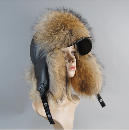 100% Real Fox Fur Hat Women's Russian Ushanka Aviator Trapper Snow Skiing Hat Caps Earflap Winter Raccoon Fur Bomber Hat
