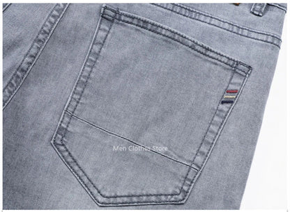 2024 Brand Thin or Thick Material Men's Elastic Cotton Jeans Fashion Gray Comfortable Denim Business Casual High Waist Pants
