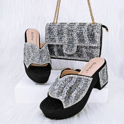Italian Design Fashion Crystal Fish Mouth High Heels Elegant, Exquisite, And Mature Women's Sandals And Square Bag Set