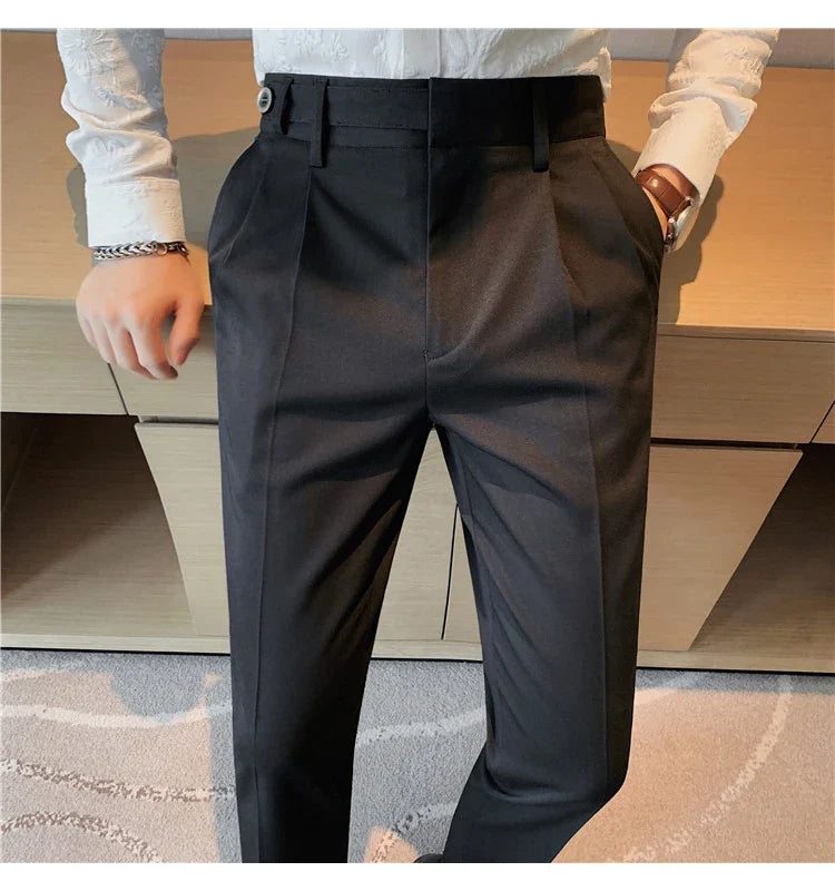 Autumn Winter High Quality Solid Casual Pants Men Belt Design Slim Fit Trousers Formal Office Business Social Party Suit Pants