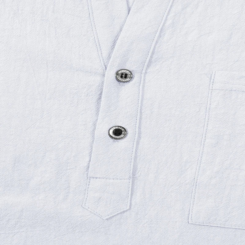 Men Mandarin Collar Long Sleeve Henley Cotton Linen Shirt Chest Pocket Breathable Beach Travel Daily Casual V Neck Top