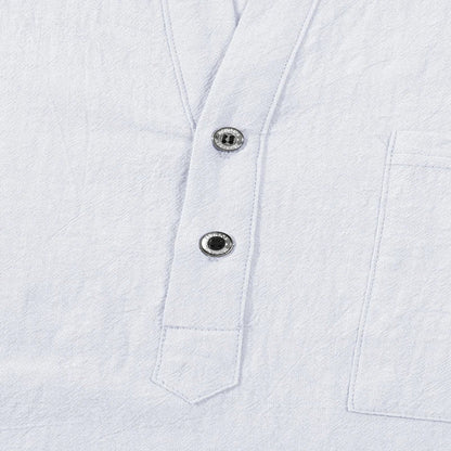 Men Mandarin Collar Long Sleeve Henley Cotton Linen Shirt Chest Pocket Breathable Beach Travel Daily Casual V Neck Top