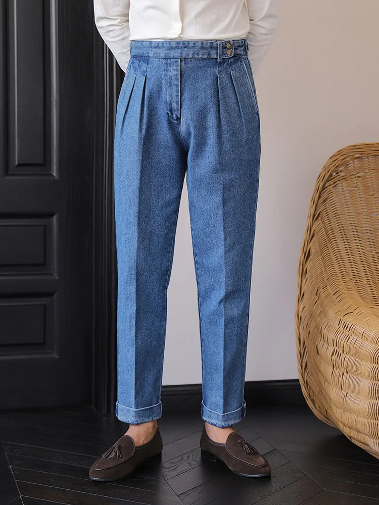 Italian Style Men's High Waist Business Neapolitan Jeans Draped Cuffed Straight Leg Western Pants Youth Trendy Wear Resistant