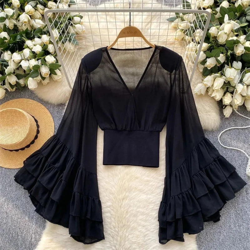 Summer Top Shirt for Women Design Sense Chiffon Polka Dot Sexy V-neck Lotus Leaf Long Sleeved Short Waist Slim Sunscreen Coat