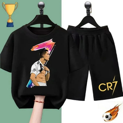 2025 Summer new children's suit Ronaldo football star printed children's suit Children's summer short sleeve shorts boys and gir