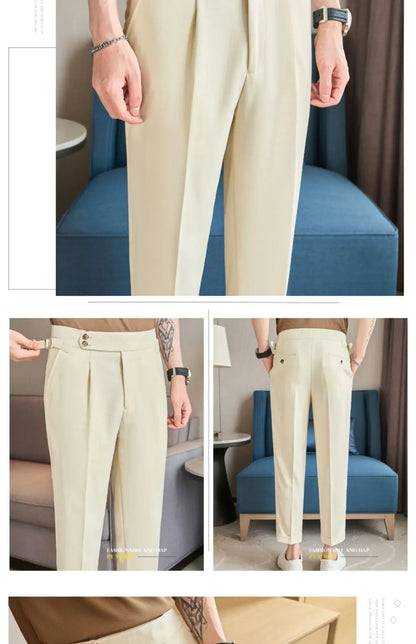 British Style Naples Men's High-end Linen Pants High Waist Straight Slim Fit Casual Trousers High Quality Solid Social Suit Pant