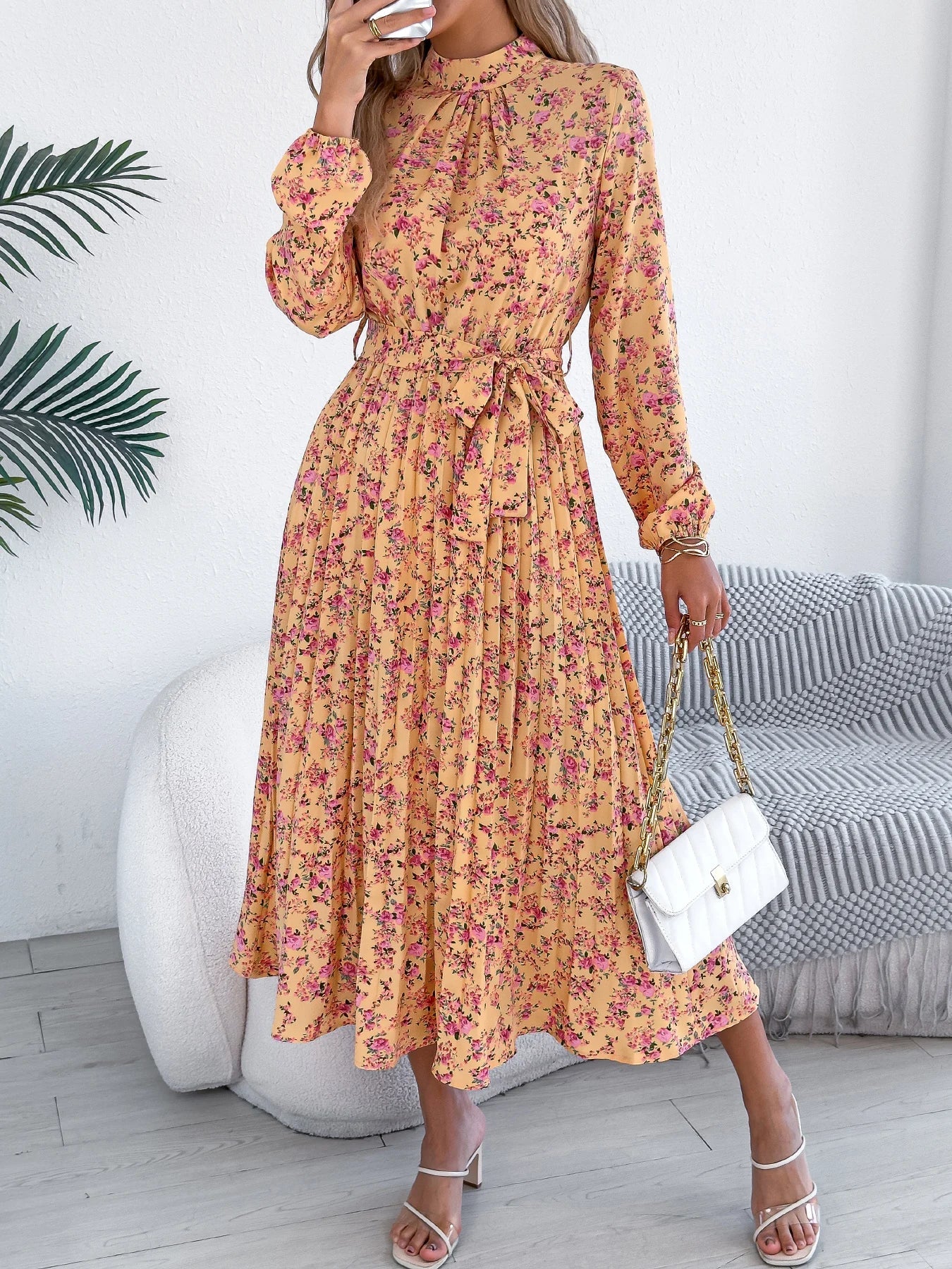 Floral Stand Up Collar Bridesmaid Dress 2026 Spring Summer Elegant Long Sleeve Waist Cinched Pleated Dresses Valentine's Day