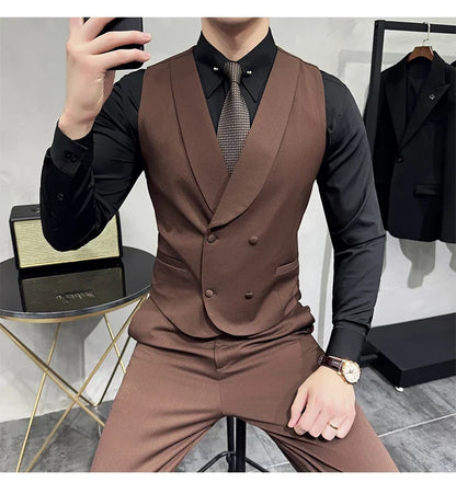High-end Double-breasted Suit Vest With Pants 2024 New Men Fashion Slim Business Casual Best Groom Wedding Dress Vest  2 Pcs Set