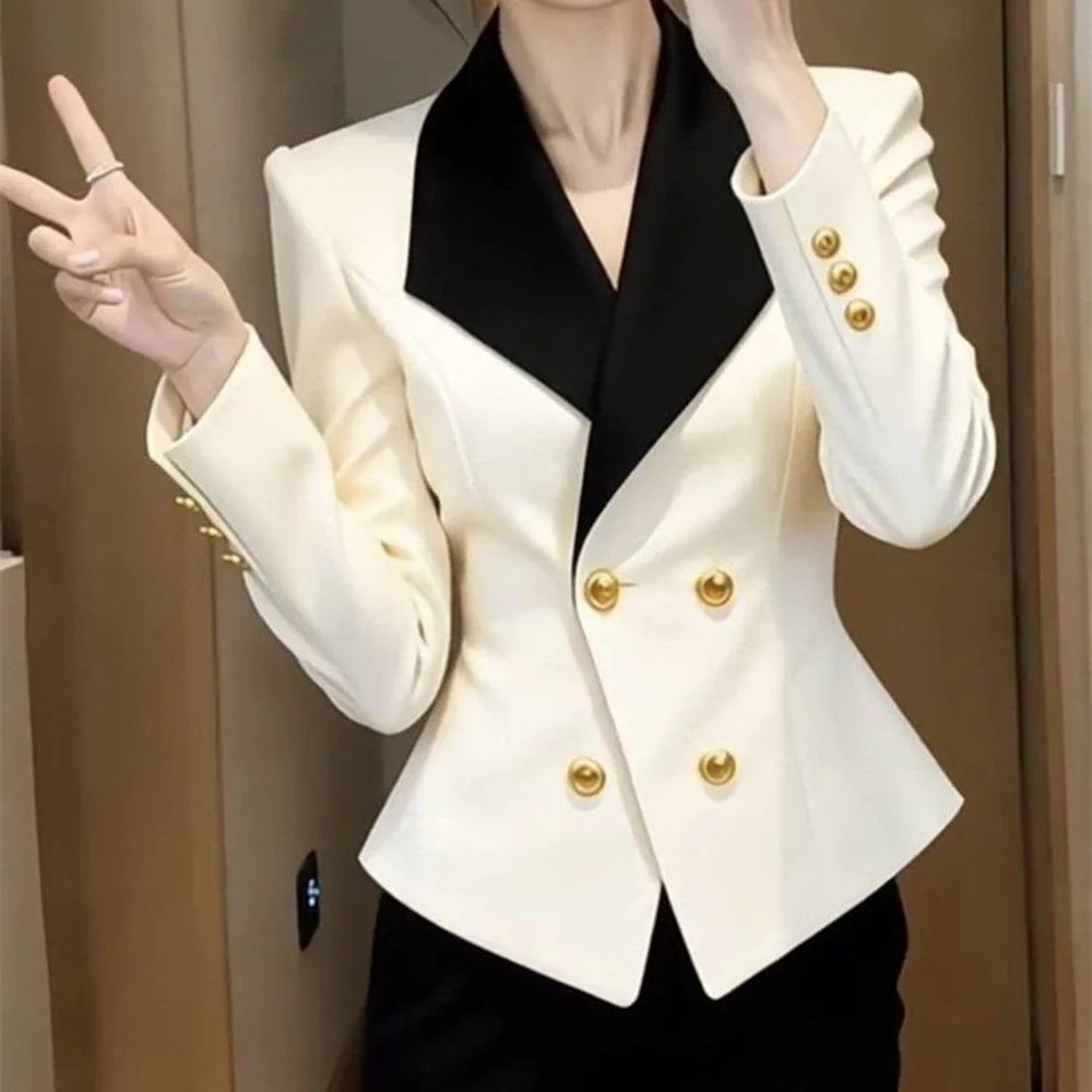2026  celebrity new professional suit jacket women's high sense black and white contrasting color waist thin short suit